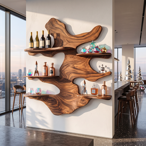 Sculptural Solid Wood Wall Wine Rack with Five Offset Display Shelves