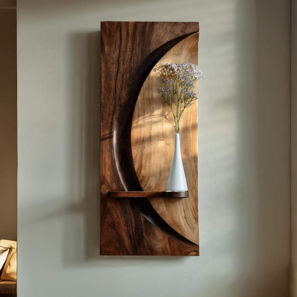 Solid Wood Crescent Wall Shelf Sculpture for Modern Home