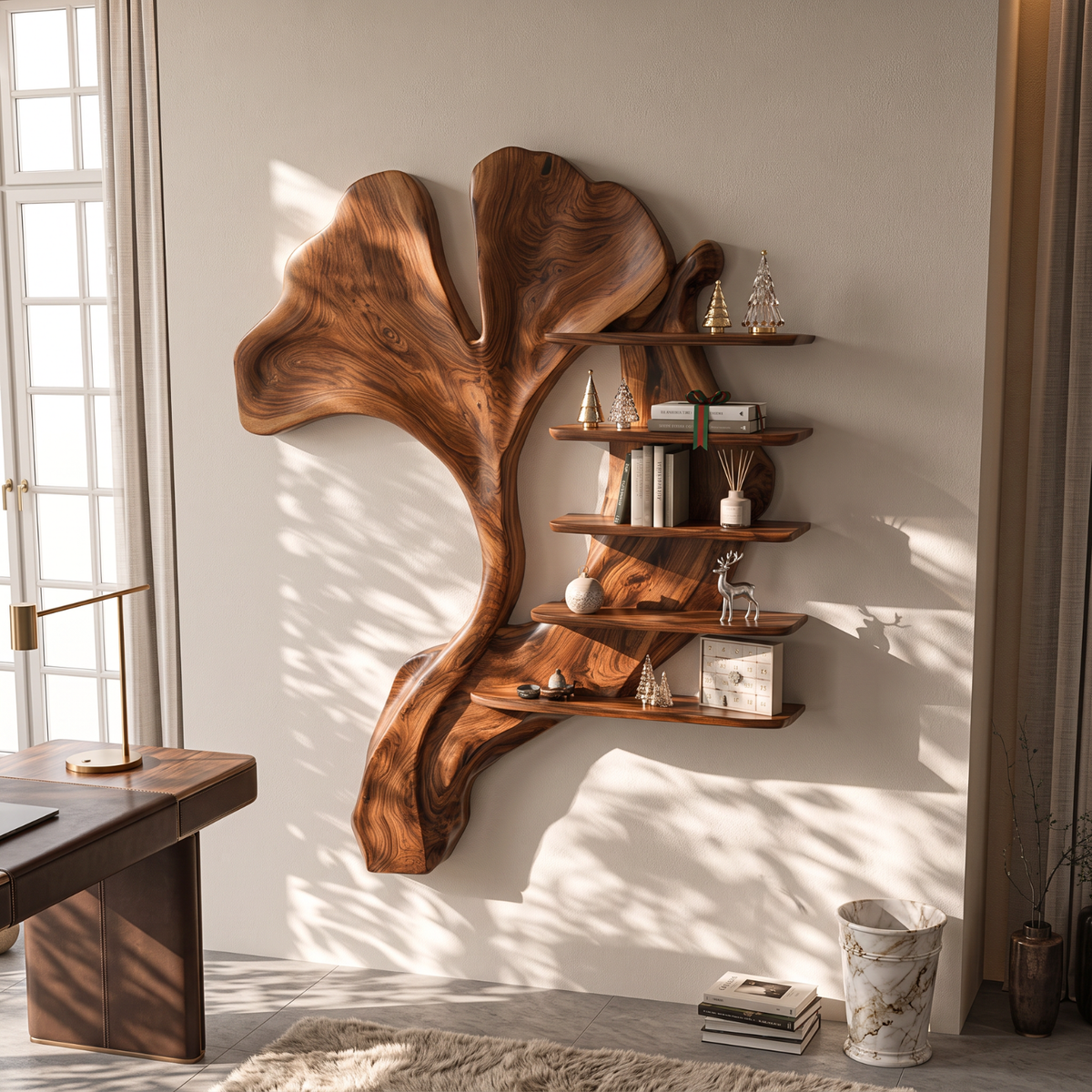 Ginkgo Leaf Solid Wood Wall Shelf with Sculptural Tiered Display Design