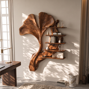 Ginkgo Leaf Solid Wood Wall Shelf with Sculptural Tiered Display Design