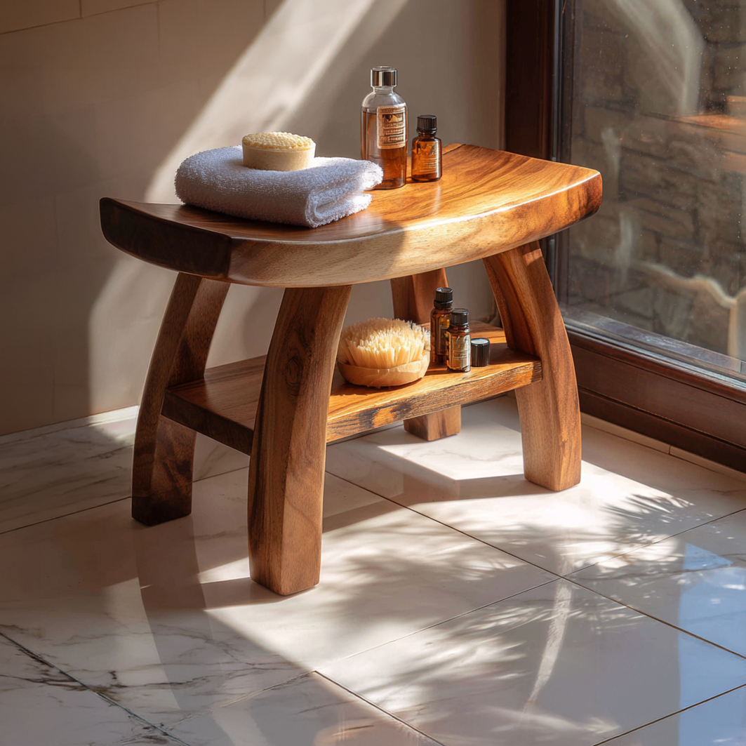 Organic Solid Wood Bath Bench with Storage Shelf