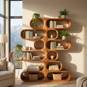 Handcrafted Solid Wood Organic Bookshelf with Rounded Open Display Shelves