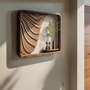 Solid Wood Wall Art Shelf with Sculptural Carved Panel