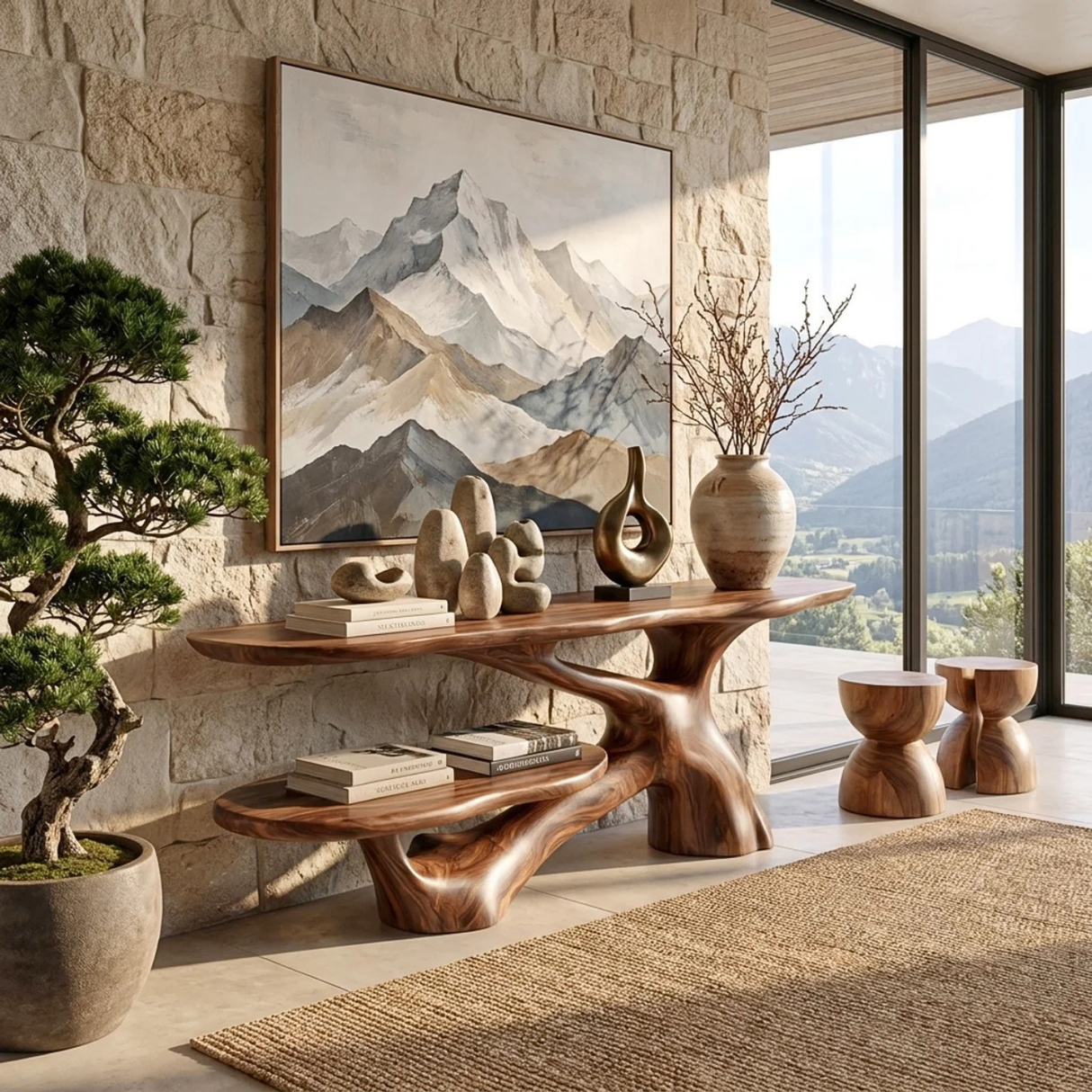 Console Table Solid Wood with Two Tier Shelf and Sculptural Branch Base