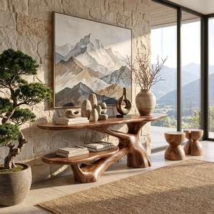 Console Table Solid Wood with Two Tier Shelf and Sculptural Branch Base