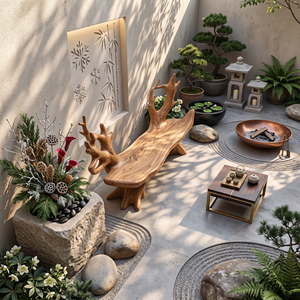 Sculptural Solid Wood Garden Bench with Organic Branch Backrest for Outdoor Patio