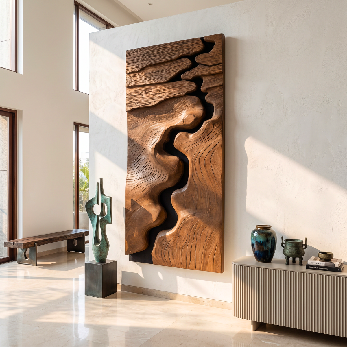 Canyon Inspired Solid Wood Wall Art with Flowing River Carving and Textured Relief