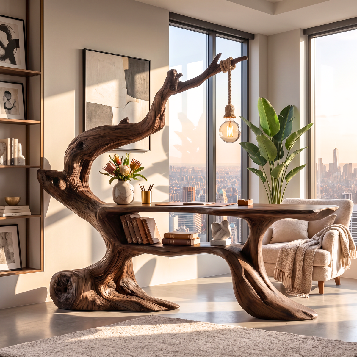 Handcrafted Sculptural Wood Desk with Hanging Light, Tree Inspired Writing Table, Artistic Statement Workspace