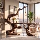 Handcrafted Sculptural Wood Desk with Hanging Light, Tree Inspired Writing Table, Artistic Statement Workspace