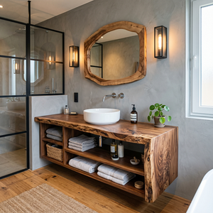 Solid Wood Bathroom Vanity with Open Storage and Vessel Sink