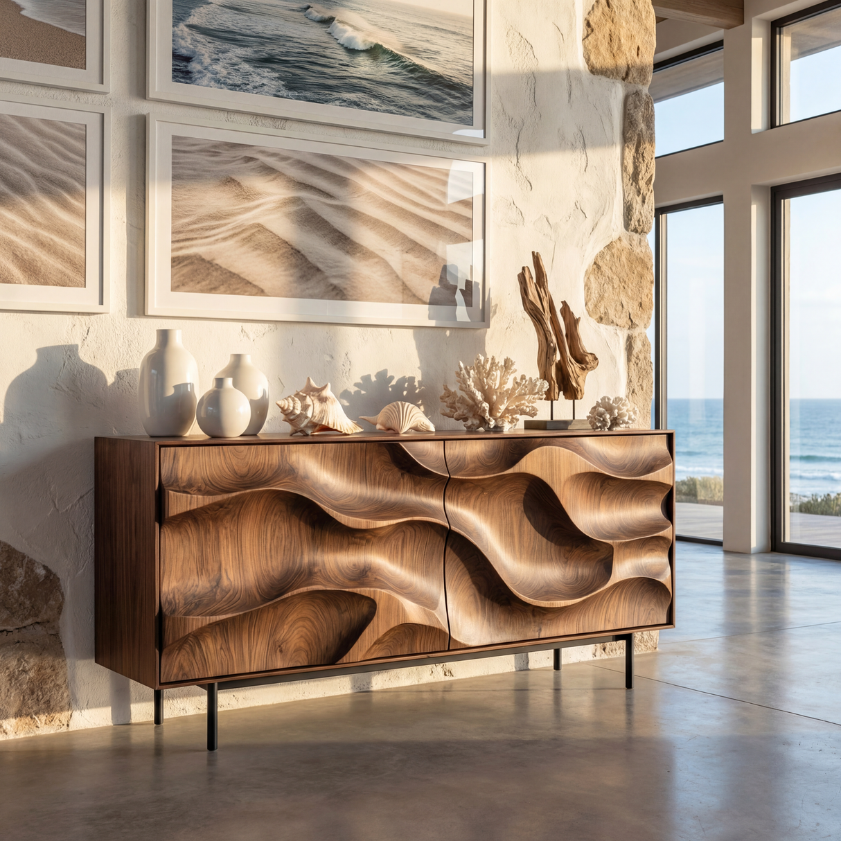 Sculpted Wave Front Solid Wood Sideboard Cabinet