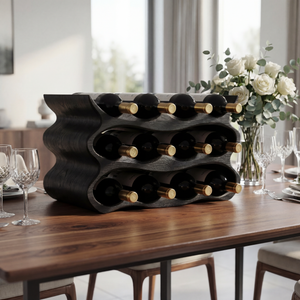 Wave Form Solid Wood Wine Rack Compact Sculptural Bottle Holder Multi Slot Tabletop Organizer