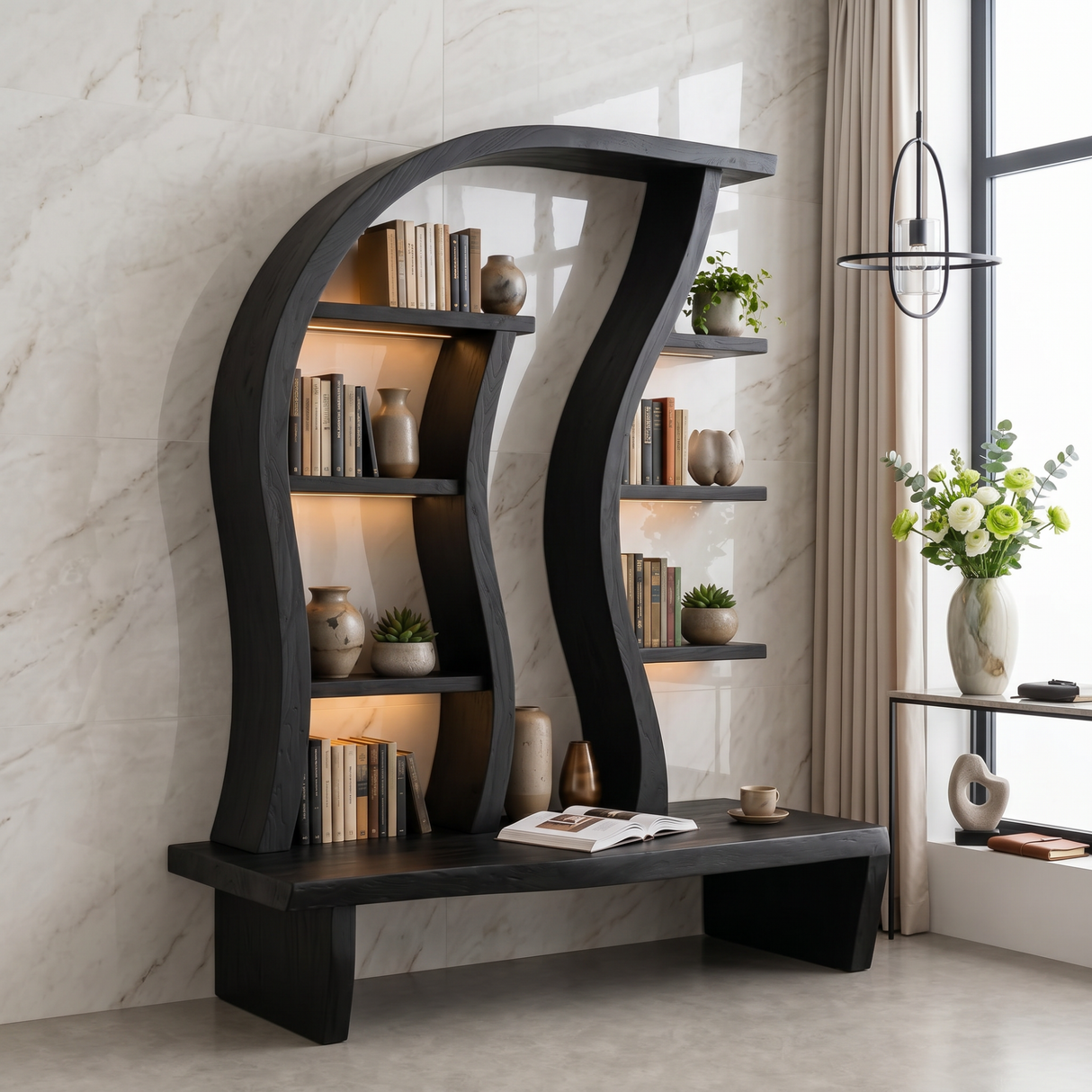 Organic Solid Wood Display Shelf with Curved Frame and Console Base