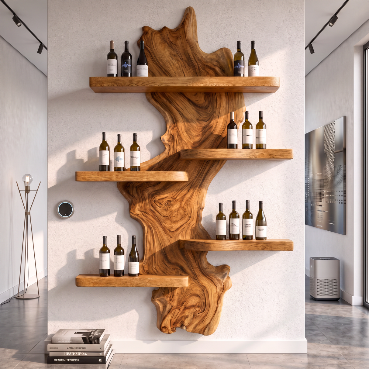 Wall Mounted Wine Rack Solid Wood with Sculptural Live Edge Center and Display Shelves