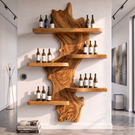 Wall Mounted Wine Rack Solid Wood with Sculptural Live Edge Center and Display Shelves