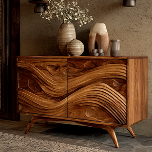 Carved Solid Wood Sideboard with Layered Wave Design Modern Rustic Storage Buffet Cabinet for Living Room