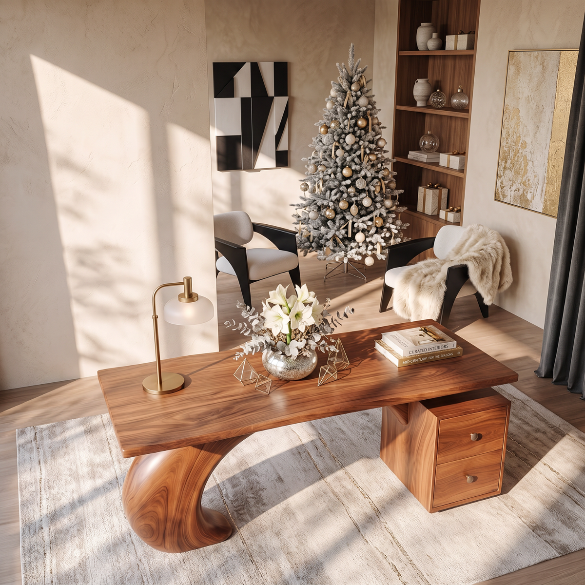 Sculptural Solid Wood Desk with Curved Support and Two Drawer Storage
