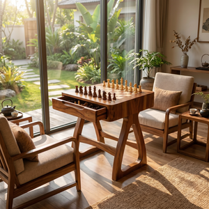 Handcrafted Solid Wood Chess Table with Storage Drawer and Sculptural Base