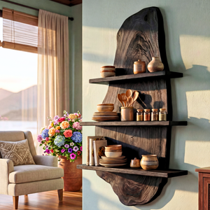 Live Edge Solid Wood Wall Shelf Floating Multi Tier Storage Display for Living Room