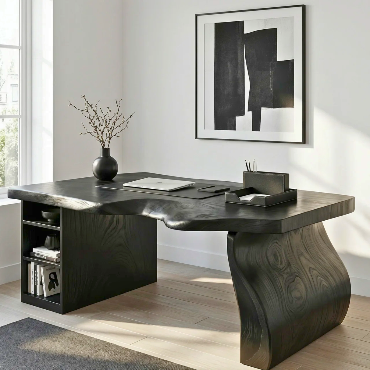 Solid Wood Executive Desk with Sculptural Panel Legs and Open Shelf