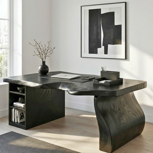 Solid Wood Executive Desk with Sculptural Panel Legs and Open Shelf