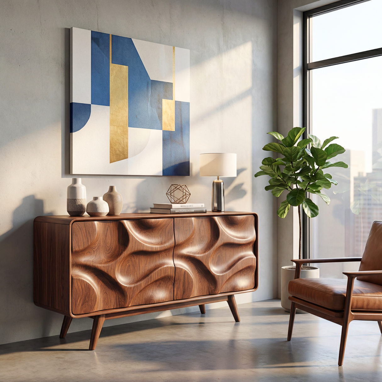 Sculpted Walnut Wood Sideboard Cabinet for Living Room or Dining Room
