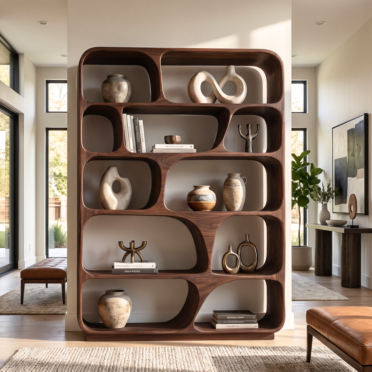 Rounded Solid Wood Bookcase with Organic Grid Shelving and Open Display Compartments