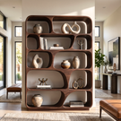 Rounded Solid Wood Bookcase with Organic Grid Shelving and Open Display Compartments