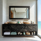 Double Vanity Cabinet with Carved Wave Front and Open Shelf