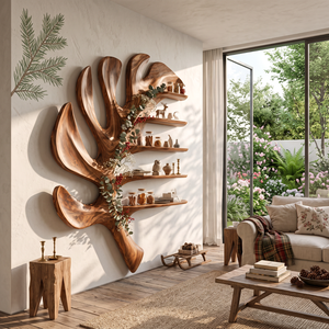 Tropical Leaf Solid Wood Wall Shelf with Sculptural Floating Display Shelves