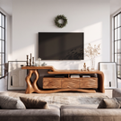 TV Stand with Sculptural Tree Root Frame and Wave Carved Cabinet Doors