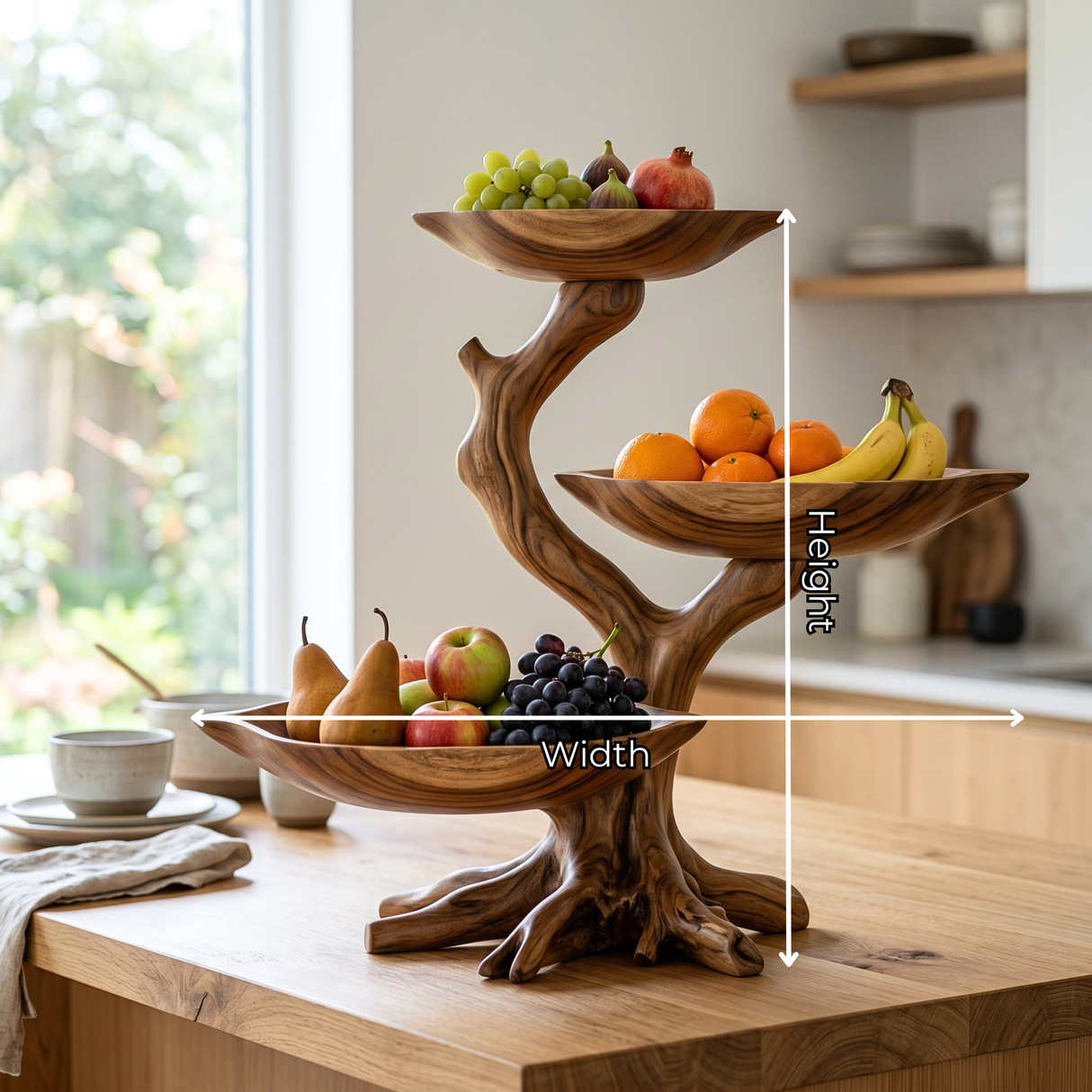 Branching Solid Wood Fruit Bowl Centerpiece with Three Elevated Display Trays