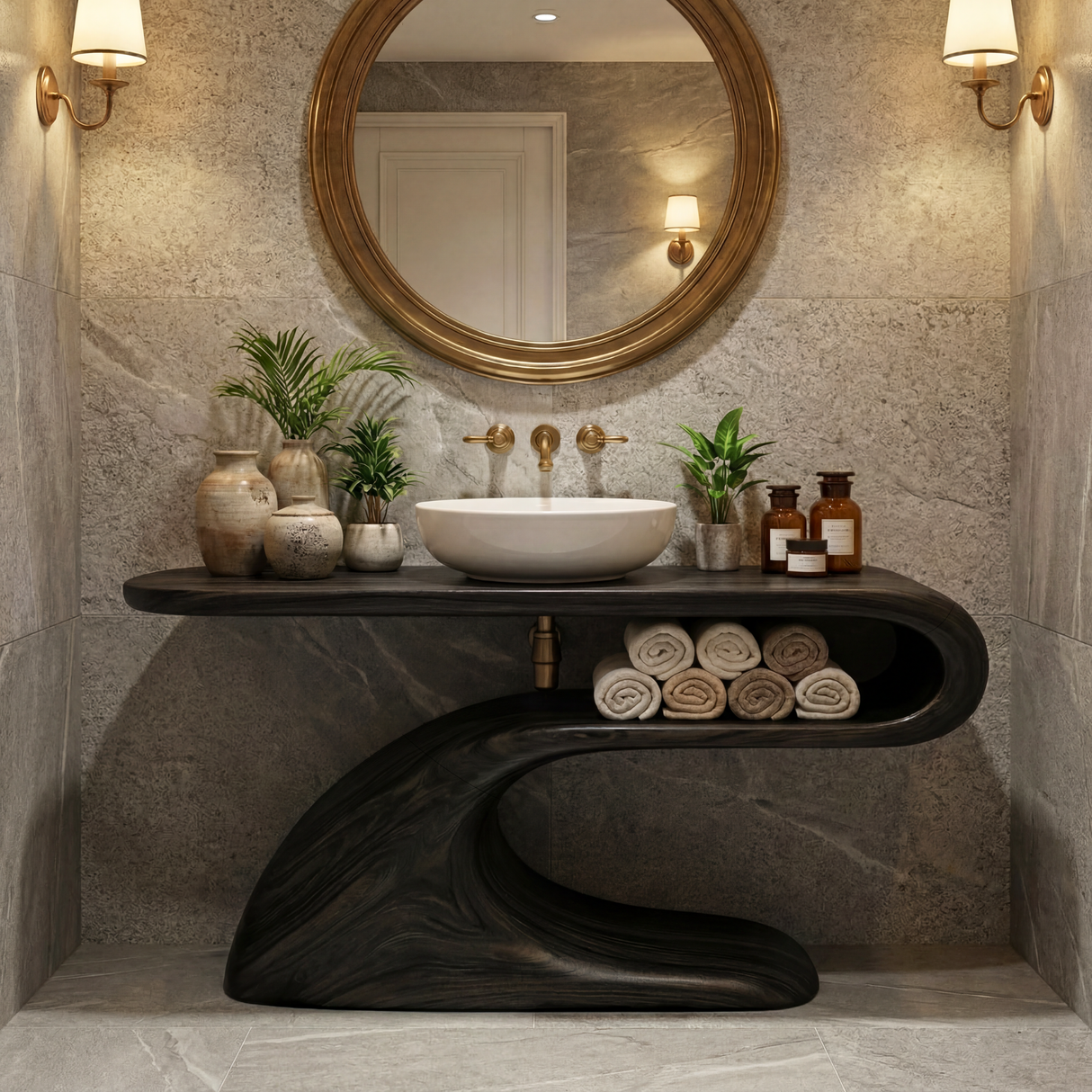 Modern Solid Wood Bathroom Vanity with Sculptural Curved Open Shelf