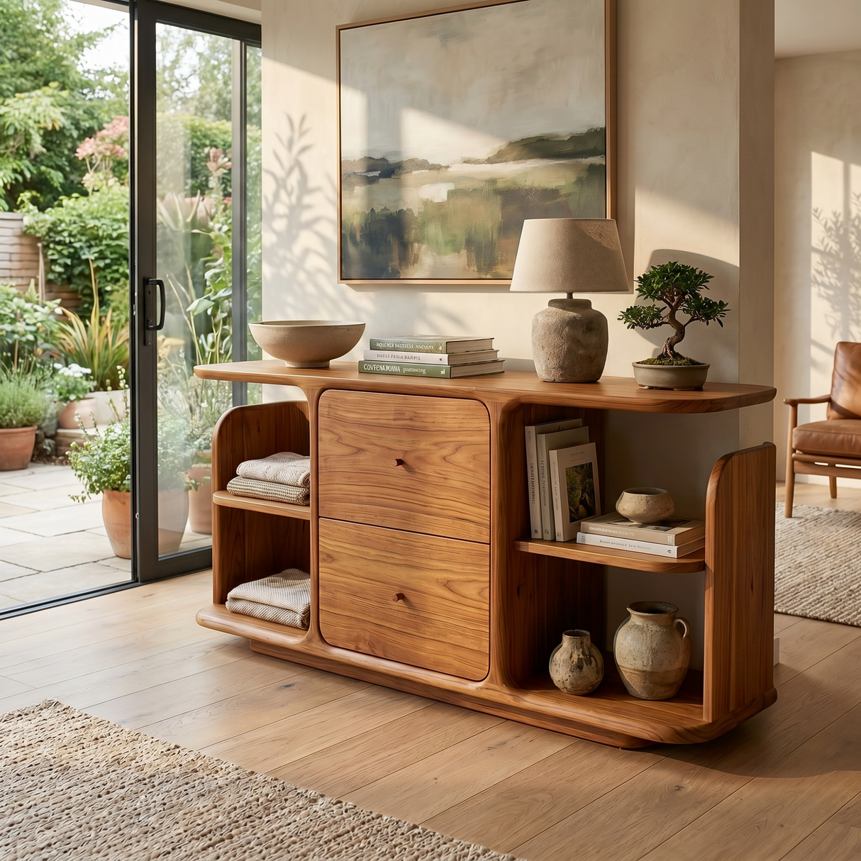 Natural Solid Wood Sideboard with Two Drawers and Open Display Shelves