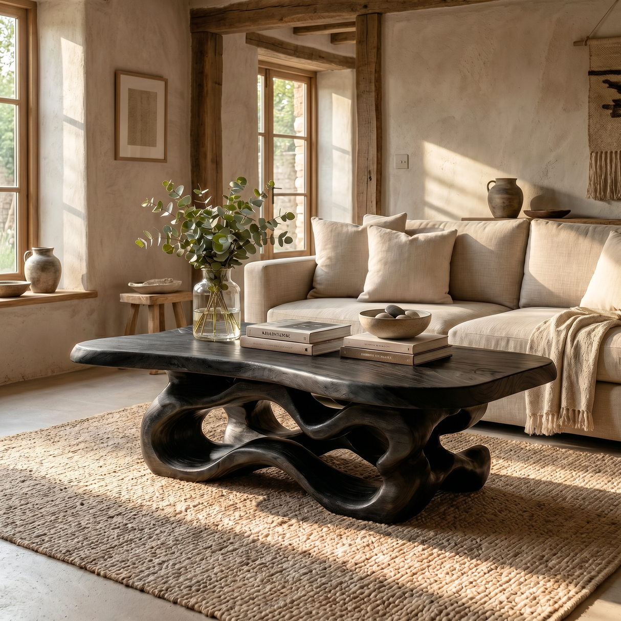 Artisan Solid Wood Coffee Table with Fluid Loop Base and Soft Edge Slab Top