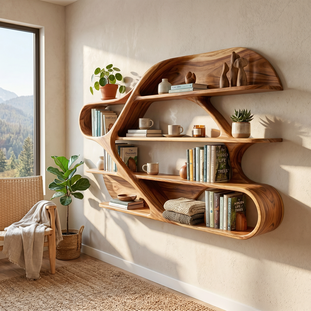 Organic Solid Wood Wall Bookshelf with Sculptural Open Shelves