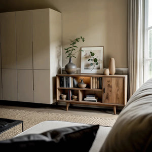 Solid Wood Storage Cabinet with Open Cubby Shelves for Organic Modern Spaces