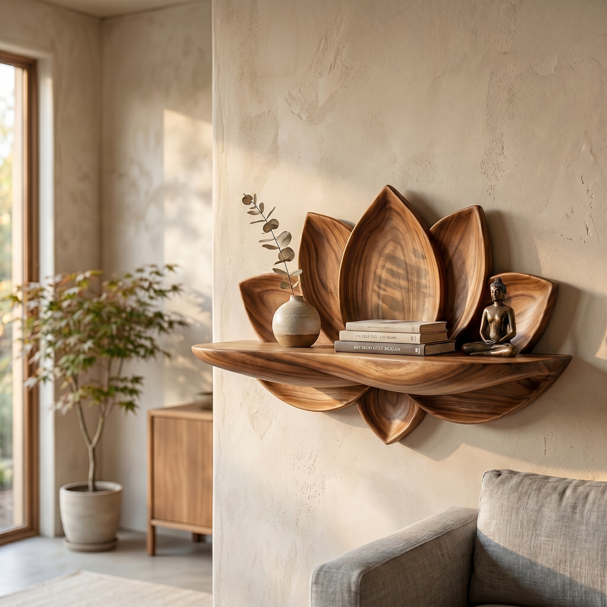 Natural Solid Wood Lotus Flower Wall Shelf with Sculpted Petal Back
