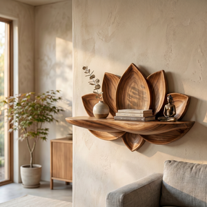 Natural Solid Wood Lotus Flower Wall Shelf with Sculpted Petal Back