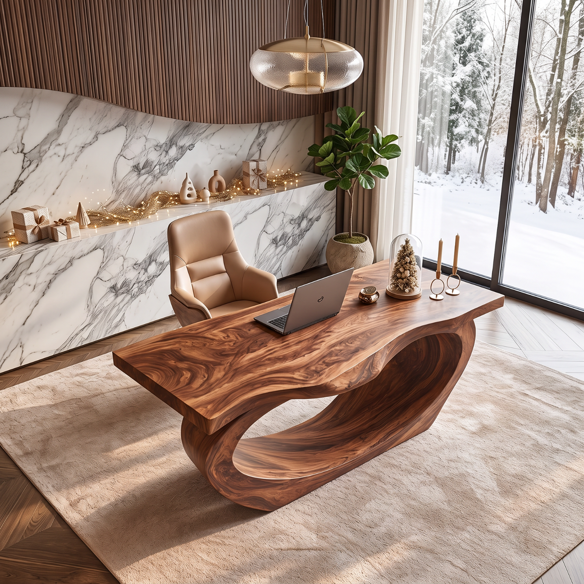 Sculptural Solid Wood Executive Desk with Flowing Oval Loop Base