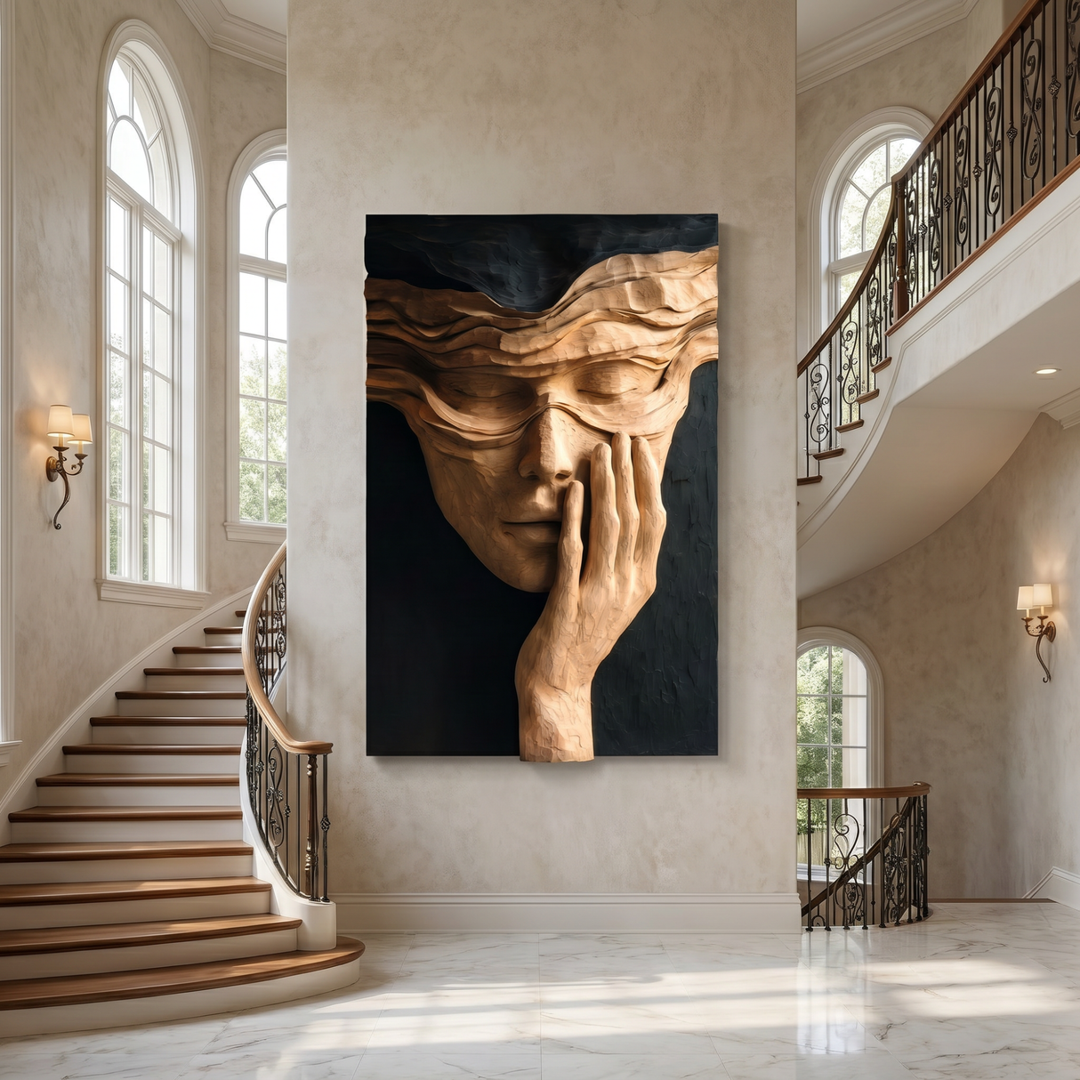 Veiled Face Wood Wall Art with Hand Detail