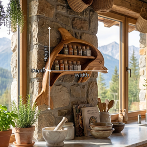 Handcrafted Dolphin-Shaped Wood Wall Spice Rack with Two Open Shelves for Kitchen
