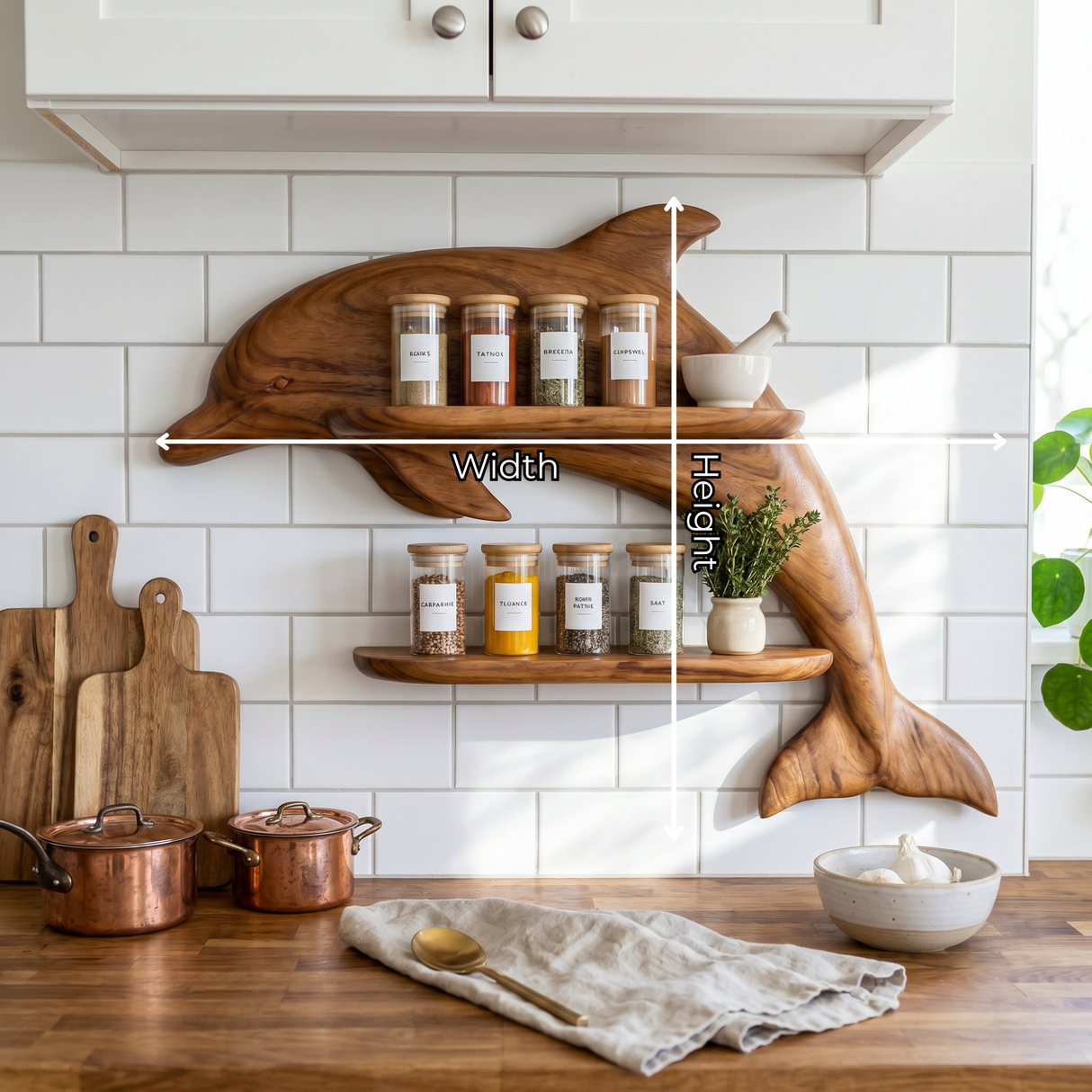 Solid Wood Dolphin Spice Rack with Double Shelf Wall Storage for Kitchen