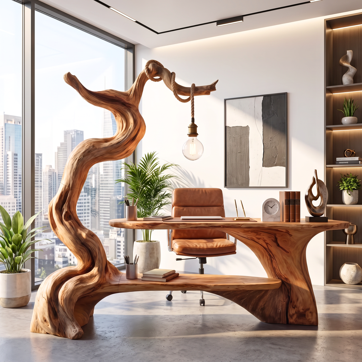 Desk Solid Wood with Hanging Lamp and Shelf for Reading Nook