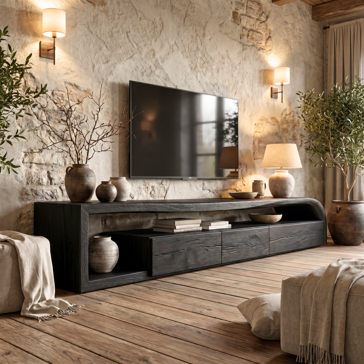 Sculptural Solid Wood TV Console with Curved Side Shelf and Storage Drawers