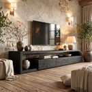 Sculptural Solid Wood TV Console with Curved Side Shelf and Storage Drawers