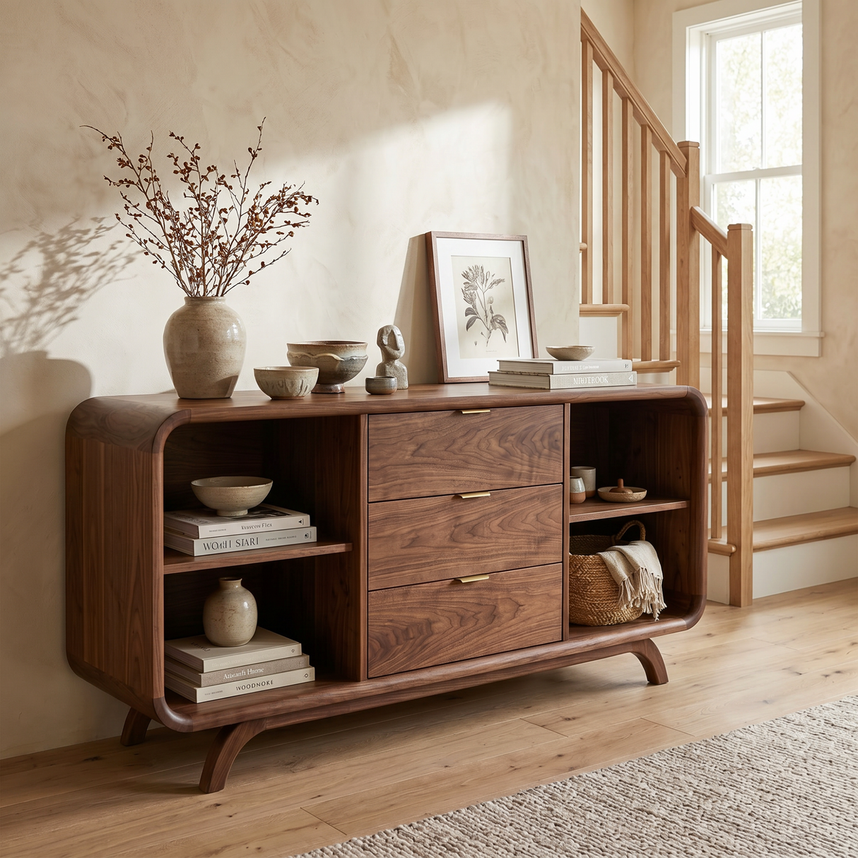 Handcrafted Solid Wood Sideboard with Three Drawers and Open Shelving