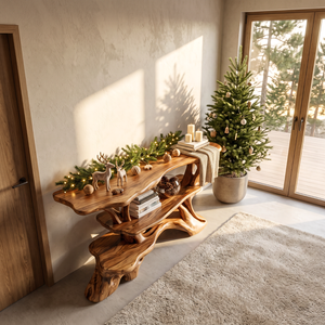 Handcrafted Solid Wood Console Table with Branching Frame and Tiered Shelves