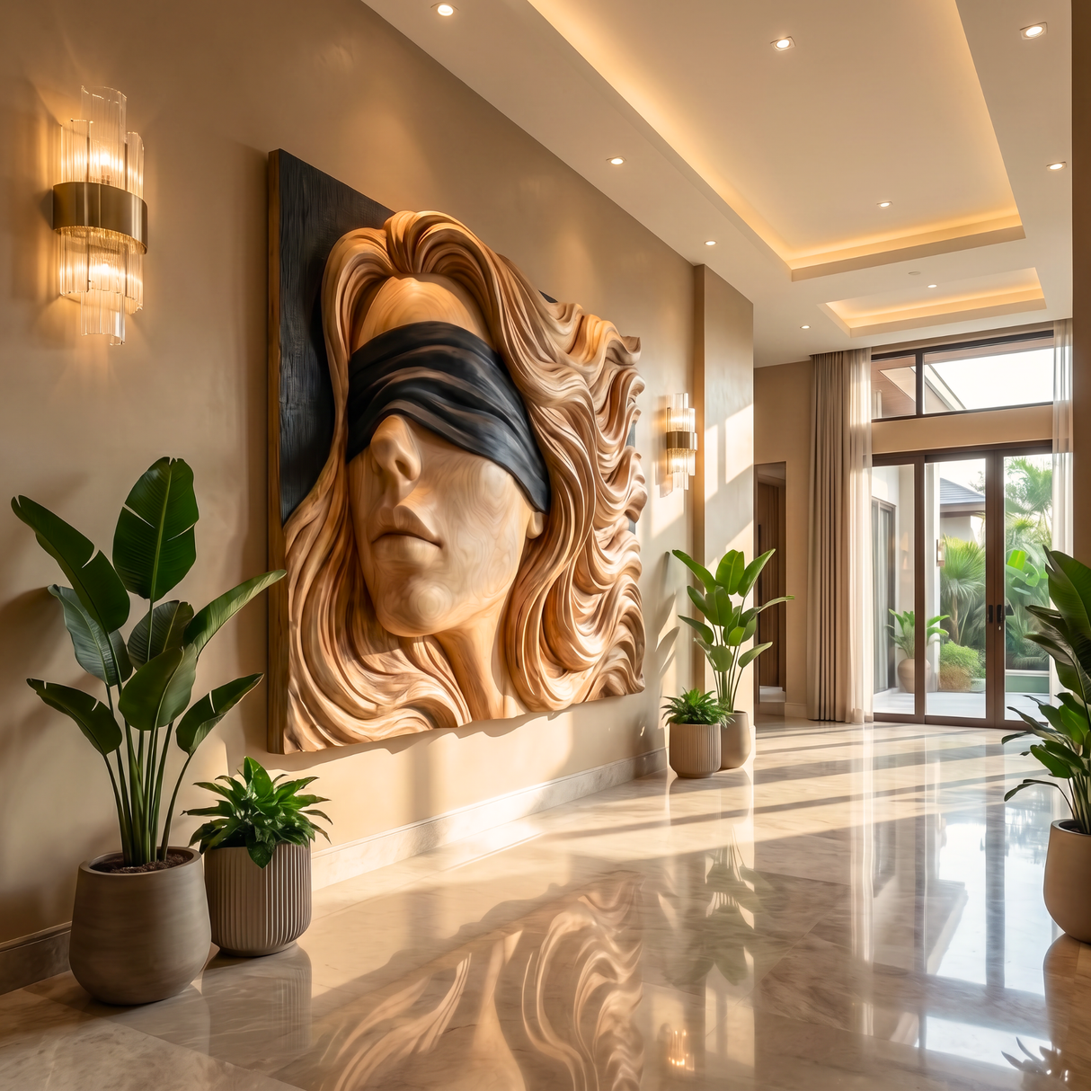 Handmade Wooden Blindfold Woman Wall Sculpture Artwork