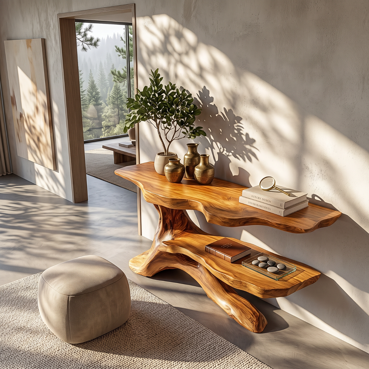 Handcrafted Live Edge Console Table with Sculptural Branch Base and Display Shelf